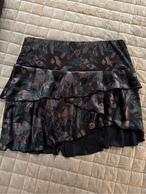 Killstar Raven & Occult Print Asymmetrical Ruffle Skort Skirt Black Size XL